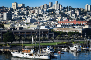 Cityscape view from Pier 33 of boats and yachts berthed/ docked at the waterfront marina. Dense architecture, modern high rise buildings downtown the city.