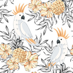 Tropical parrot birds, hibiscus flowers bouquets, pineapples, palm leaves, white background. Vector seamless pattern. Jungle illustration. Exotic plants. Summer beach floral design. Paradise nature