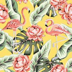 Pink flamingo, rose flowers, banana, monstera palm leaves, yellow background. Vector floral seamless pattern. Tropical illustration. Exotic plants, birds. Summer beach design. Paradise nature