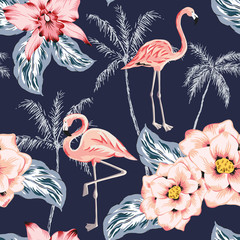 Pink flamingo, palm trees, rose, orchid flower, leaves, navy background. Vector seamless pattern. Tropical illustration. Exotic plants, birds. Summer beach design. Paradise nature