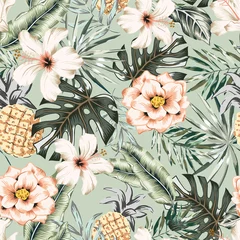 Wall murals Pineapple Tropical hibiscus, rose flowers, pineapples, monstera, banana palm leaves background. Vector seamless pattern. Jungle foliage illustration. Exotic plants. Summer beach floral design. Paradise nature