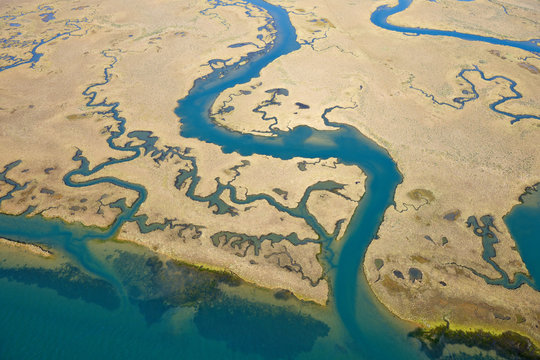 Spain, Andalusia, Punta Umbria, Marismas del Odiel, aerial view