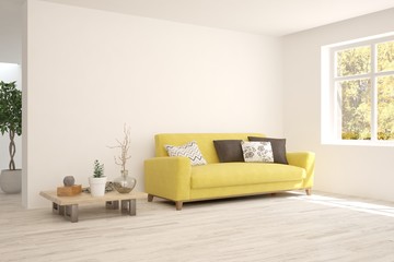 Stylish room in white color with yellow sofa. Scandinavian interior design. 3D illustration