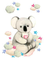 Watercolor illustration of a cute coala on a cloud surrounded by stars. Print for greeting cards, invitations, children's textiles and posters.