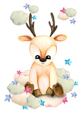 Watercolor illustration of a cute fawn on a cloud surrounded by stars. Print for greeting cards, invitations, children's textiles and posters.