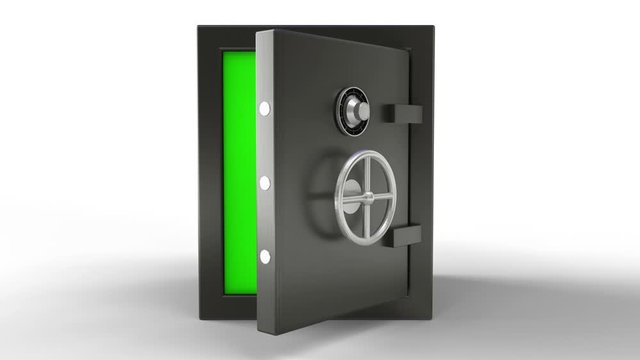 3d animation of opening a metal safe bank box with camera going toward with green screen