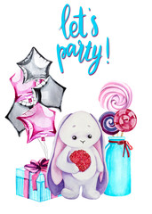 Watercolor illustration with a cute bunny, balloons in the form of stars, a gift. and sweets. Let's party lettering. Print for greeting cards, invitations, children's textiles and posters.