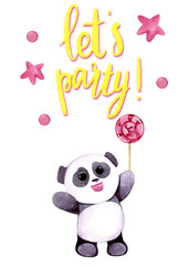 Watercolor illustration with cute panda with stars. Let's party lettering. Print for greeting cards, invitations, children's textiles and posters.