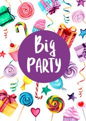 Watercolor greetings card with a Big party lettering. Gifts, lollypops, stars, confetti on the background. Print for greeting cards, invitations, banners and posters.