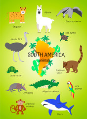 Animals of South America. poster for children, preschoolers, kindergartens, kindergartens. Alpaca, anteater, armadillo, coati, parrot, monkey, shark, ostrich nandu, alligator, turtle