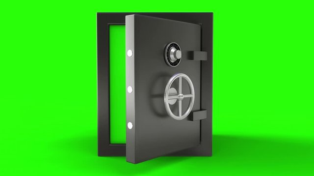 3d animation of opening a metal safe bank box with camera going toward with chroma key background