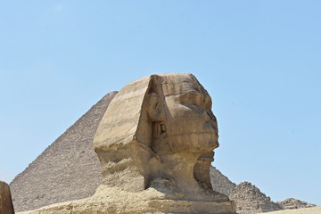 The head of the Great Sphinx of Giza, Cairo, Egypt. The Great Sphinx of Giza,  is a mythical...