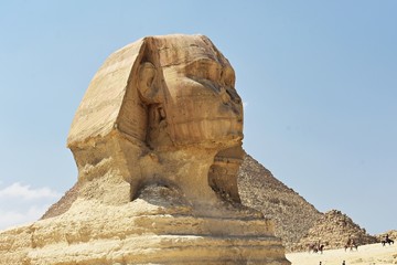 The head of the Great Sphinx of Giza, Cairo, Egypt. The Great Sphinx of Giza,  is a mythical...