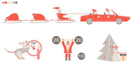 Set of funny Christmas scenes. Santa Claus rides on sleigh after car. Red color. Vector illustration in cartoon style. Rat. Happy New Year. 2020.