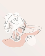 Fashionable girl in a towel and glasses holding her head. continuous single one-line intertwined woman. Line art. hands woven vector illustration. Simple, minimalistic art. Black and white one linear
