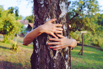 Close up on hands of young woman hugging embracing tree trunk in her backyard at home nature Close...