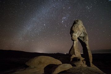 USA, Utah, Grand County, Arches National Park, Klondike Bluffs. A night sky view of the Milky Way...