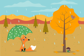  A little fox under an umbrella in a meadow in the autumn forest. Vector illustration.