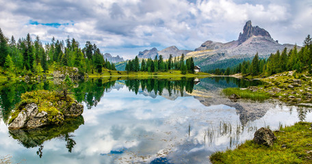 Amazing Lago Di Federa See with beautiful reflection. Majestic Landscape with Dolomites peak, Cortina D'Ampezzo, South Tyrol, Dolomites, Italy. Travel in nature. Artistic picture. Beauty world.