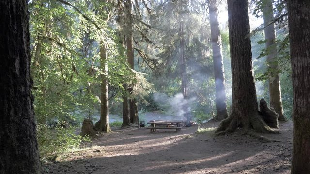 Hiker relaxing by campfire at campsite in Yellowstone National Park 4k