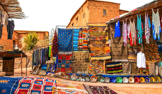 Souvenir shop in the open air in Kasbah Ait Ben Haddou near Ouarzazate in the Atlas Mountains of Morocco. Artistic picture. Beauty world.