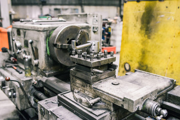 Milling lathe metalworking machine parts. Metal processing concept. Workshop industrial enterprises. Mechanical production of parts