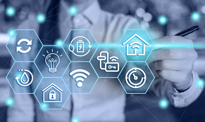 Female human wear formal work suit presenting presentation use smart device