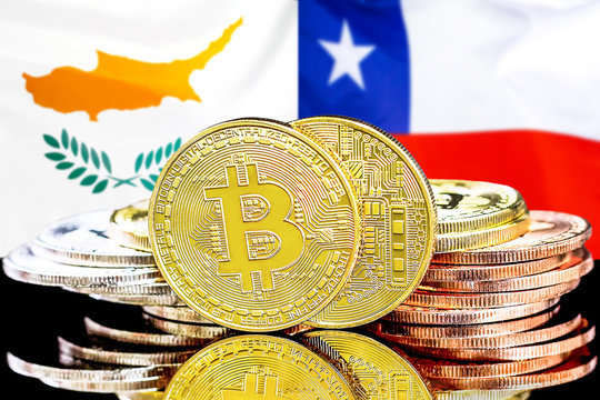 Concept for investors in cryptocurrency and Blockchain technology in the Cyprus and Chile. Bitcoins on the background of the flag Cyprus and Chile.