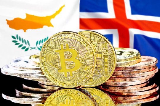 Concept for investors in cryptocurrency and Blockchain technology in the Cyprus and Iceland. Bitcoins on the background of the flag Cyprus and Iceland.