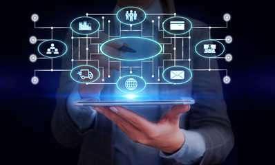 Woman wear formal work suit presenting presentation using smart device