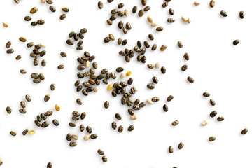 Superfood chia seeds, top view, isolated on white background. Healthy breakfast, vitamin snack, diet and healthy eating concept.