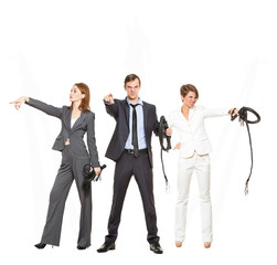 collage, on a white background. humor, aligoria. two female boss and male boss with a whip, concept...