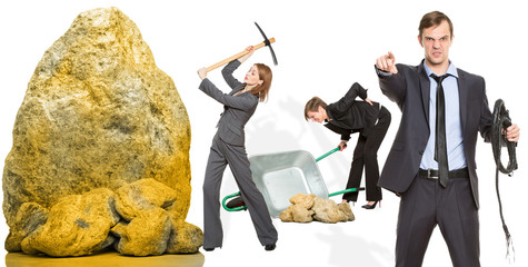 collage, on a white background. humor, aligoria. male boss with a whip, a woman with a pickaxe...