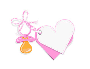 Baby blanko Herz Karte mit Schnuller  und Schleife in rosa, Vektor Illustration isoliert auf weißem Hintergrund