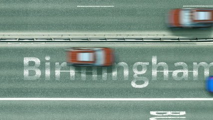 Overhead view of the busy car road with Birmingham text. Travel to the United Kingdom intro clip