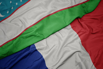waving colorful flag of france and national flag of uzbekistan.