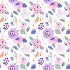 purple pink pastel floral watercolor seamless pattern