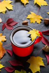 Naklejka na ściany i meble Autumn colorful leafs and red cup of tea on dark concrete background