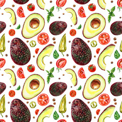 Seamless pattern of avocado, tomatoes, basil, pepper on a white background, watercolor illustration.