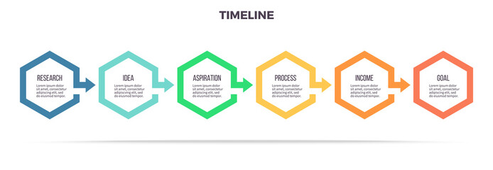 Business process. Infographic with 6 steps, options, hexagons. Vector template.