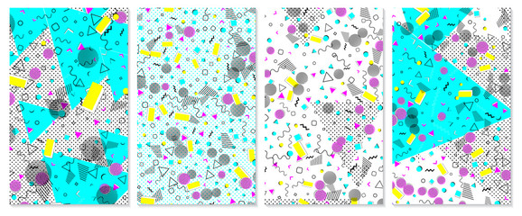 Fototapeta na wymiar Set of memphis pattern. Pop art color background.