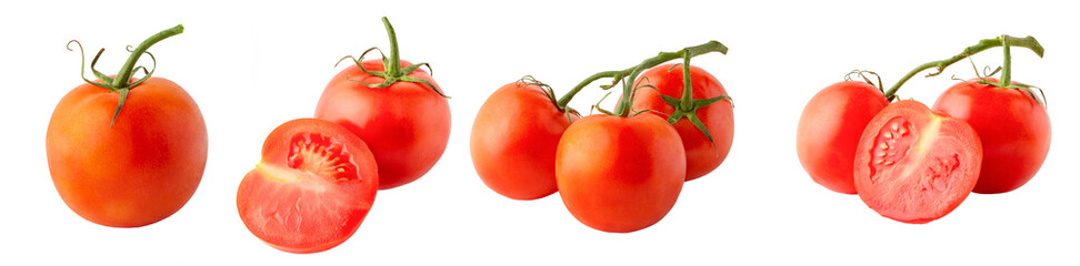 A banner with tomatoes in different forms, in a cut and branches isolated on a white background, full depth of field, no shadow, poison for design, large resolution