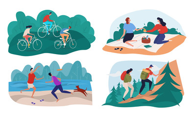 Time together concept. People are riding bicycles on the lawn near the park or wood, have picnic, playing frisbee with the dog, are hiking in mountains, carrying heavy bag packs. Vector Illustration.