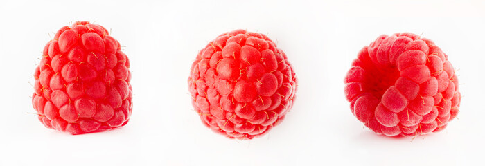 Raspberry banner in different position isolated on white background. Raspberry clipping path. for design close-up