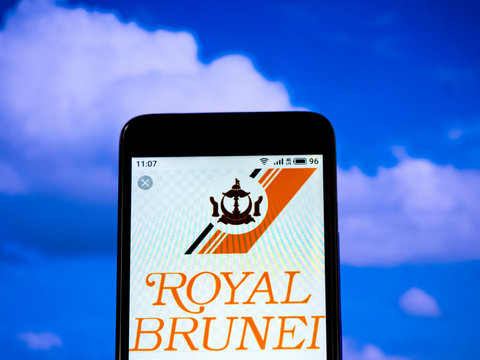 Kiev, Ukraine, July 2, 2019. In this photo illustration the Royal Brunei Airlines Sdn Bhd  logo is seen displayed on a smartphone