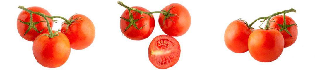 A banner with tomatoes in different forms, in a cut and branches isolated on a white background, full depth of field, no shadow, poison for design, large resolution