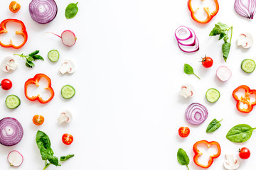 Cook frame with fresh vegetables on white background top view space for text