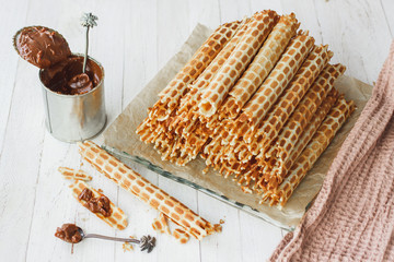 Thin, crispy waffles with boiled condensed milk for tea