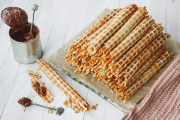 Thin, crispy waffles with boiled condensed milk for tea