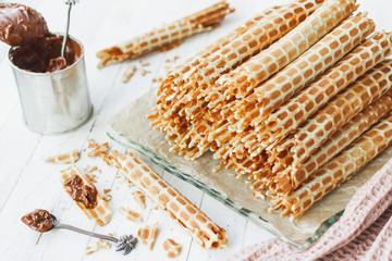 Thin, crispy waffles with boiled condensed milk for tea